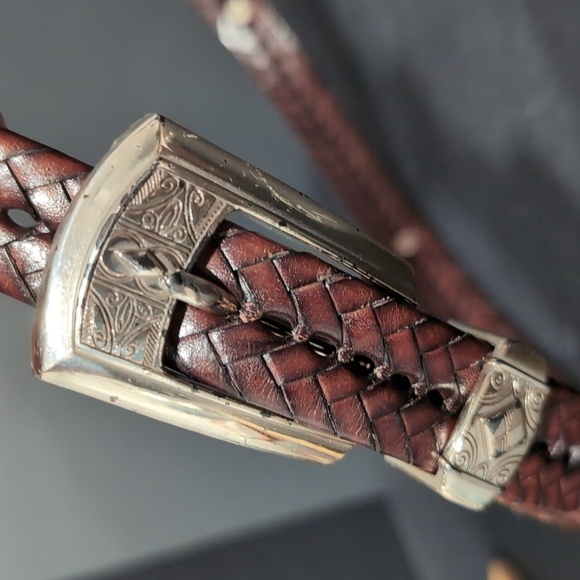 Brighton Men's Brown Braided Leather Belt with Silver Buckle, Size 32 M/L. - Picture 2 of 10